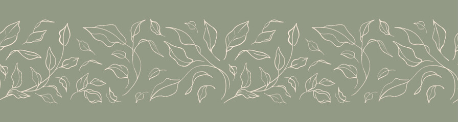 Natural green border with sketches of branches and leaves. Vector floral hand drawn line art seamless pattern for design, wallpaper, banner, card, print, invitation, cover, packaging  © Feodora_21