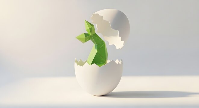 Green geometric plant emerging from broken white eggshell symbolizing new growth and life