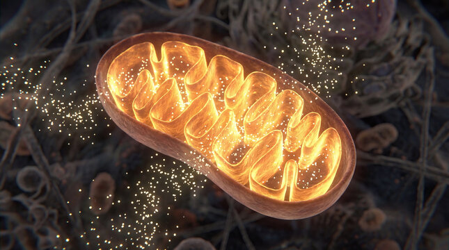 Mitochondria producing ATP energy inside a cell during cellular respiration process