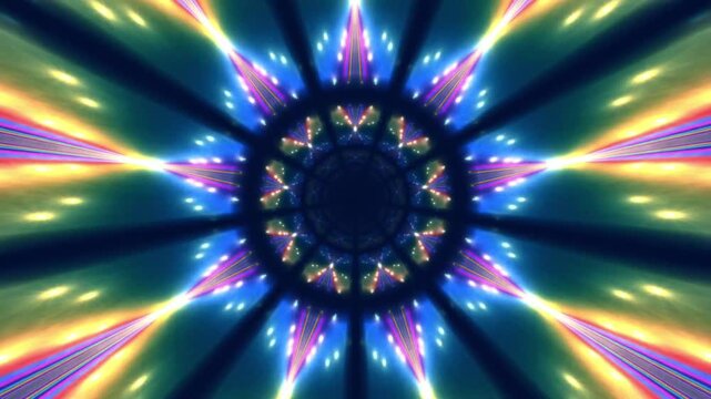 Abstract kaleidoscope tunnel with glowing neon lights and colorful star patterns in seamless motion