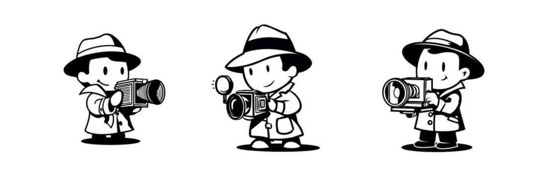 dessin de 3 petits reporters avec appareil photo vintage