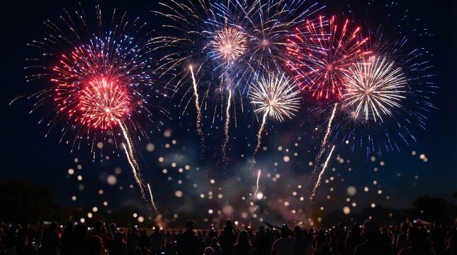 Vibrant pyrotechnic display illuminating the night sky over an appreciative crowd, celebrating a significant national occasion with breathtaking bursts of light and color