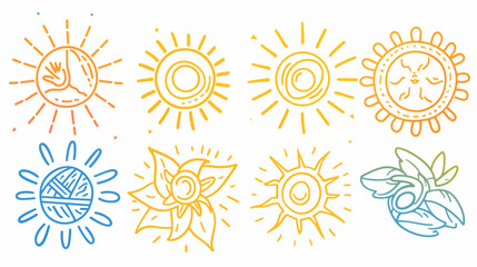 Fototapeta premium Variety of sun and plant sketches in orange, yellow, and blue lines on white backdrop