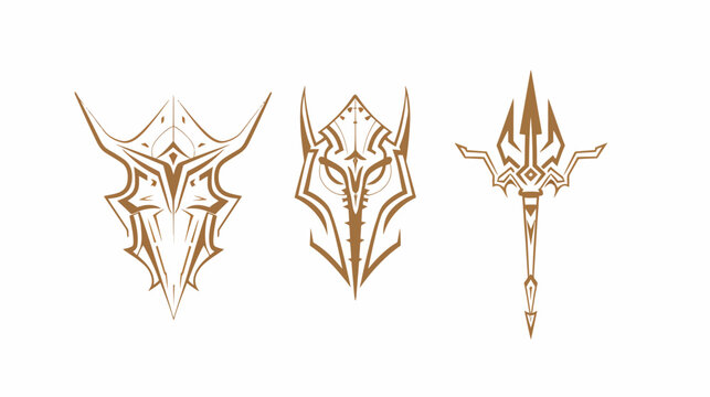 Three decorative brown designs resembling masks and a trident on white background