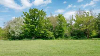 Obraz premium Open grassy field with mixed deciduous trees and sky