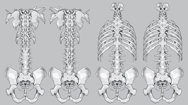 Anatomical illustration shows human torso skeletons with & without the rib cage in light grey