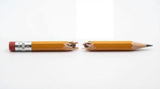 Broken Pencil Snapped in Half on White.