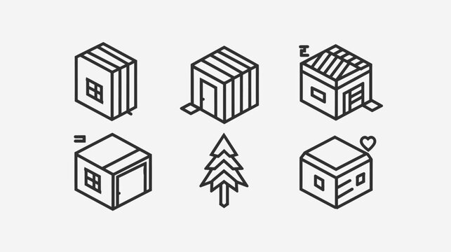 Simple line-art houses and tree in isometric view on white, whimsical symbols above