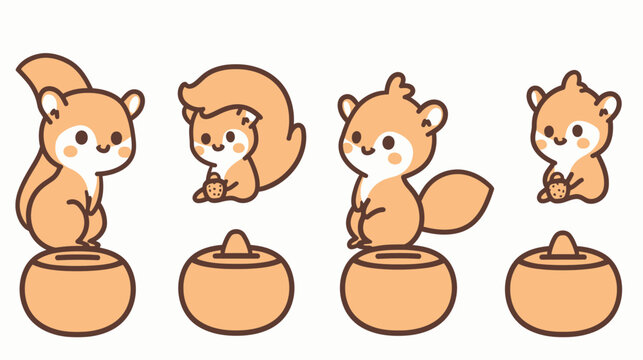 Four cute, simplified squirrels perched on pots in an illustration style drawing