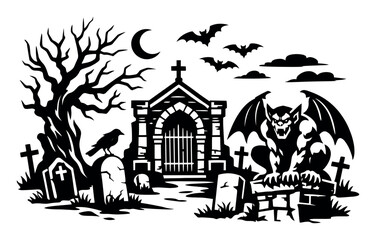 Fototapeta premium Spooky Halloween graveyard vector scene featuring a monstrous gargoyle, ancient crypt, dead tree, flying bats, and raven on tombstones