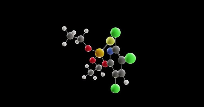 Chlorpyrifos molecule, rotating 3D model of organophosphate insecticide, looped video on a black background
