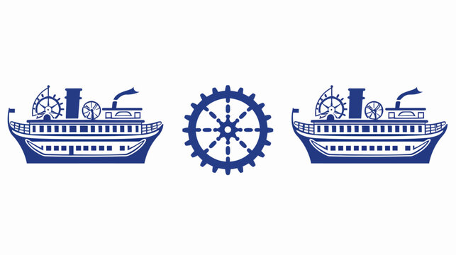 Blue steamboat icons frame a gear, nautical engineering concept, vector, on white