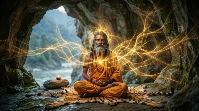 Serene Meditation of a Spiritual Leader in a Cave with Ethereal Light and Natural Surroundings