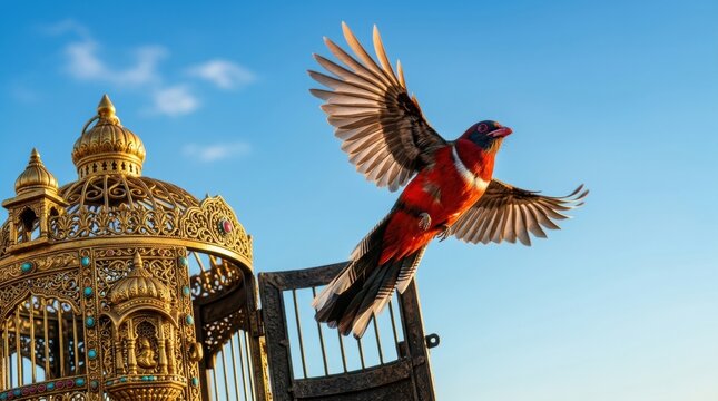 Colorful Bird in Flight Leaving Ornate Golden Birdcage Under Bright Blue Sky