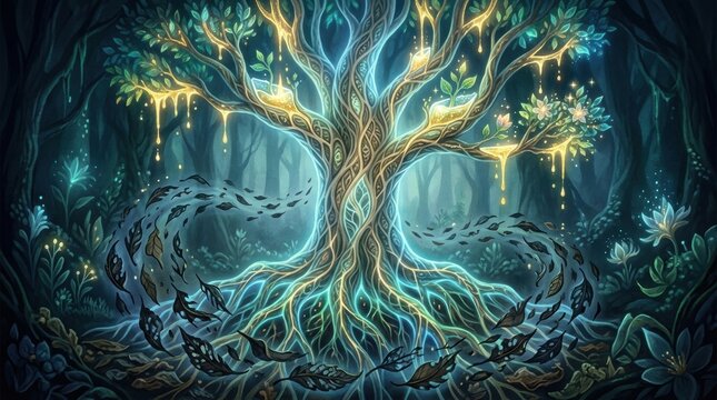 Enchanted Forest Scene with Mystical Tree, Sparkling Leaves, and Whimsical Elements in a Dreamlike Setting
