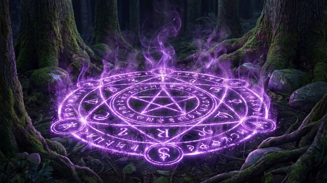 Purple powder explosion forming abstract vibrant pattern concept. A mystical purple circle with symbols glowing in a forest.