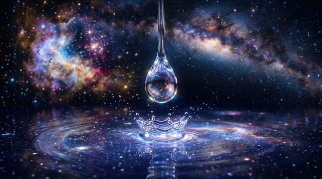 Droplet of Water Splashing in a Cosmic Space with Galaxies and Stars in Background