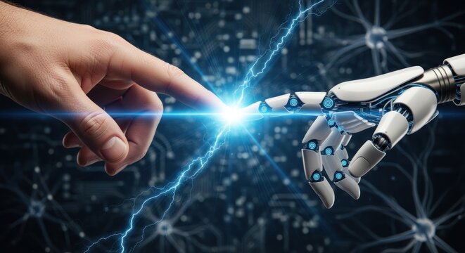A human hand touching a robotic arm with a glowing light between them.