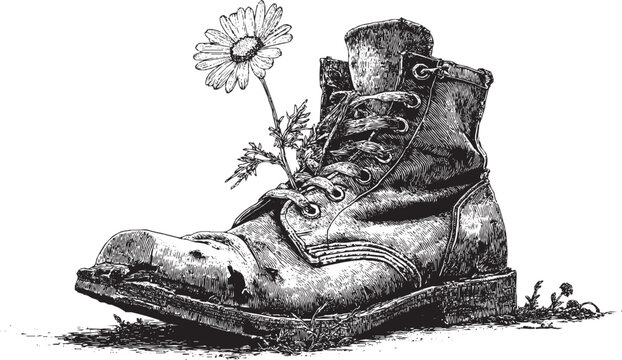 A tattoo design template featuring a single daisy emerging from an old boot, vector illustration