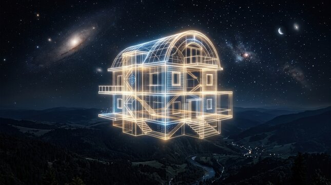 Futuristic House in Cosmic Landscape with Stars and Galaxies Surrounding Ethereal Architecture