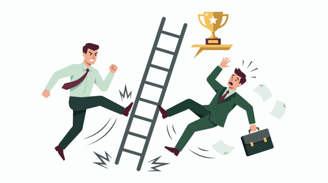 Aggressive manager kicking ladder to make accountant fall, concept for business competition, unfair rivalry and career sabotage