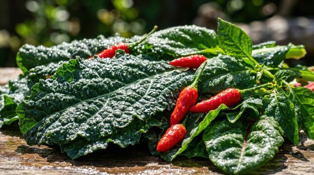Fresh Green Kale and Red Chili Peppers on Wooden Table in Natural Light Setting