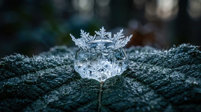 Frosted Ice Crystal Crown on Leaf with Sparkling Details in Winter Forest Environment