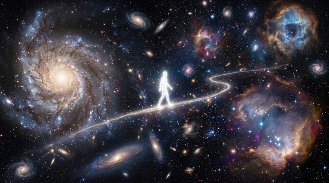 Ethereal Journey Through the Cosmos with a Silhouette of a Walker Amidst Stars and Galaxies