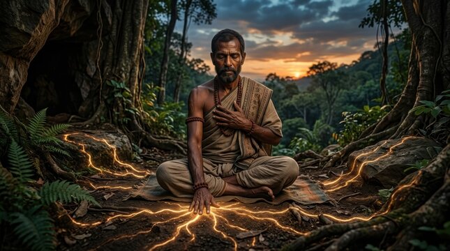 Serene Meditation in Nature with Spiritual Energy Flowing Under Golden Sunset Sky