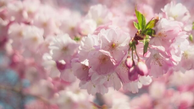Cherry blossom with delicate pastel pink flowers on branches, blurred background and smooth motion