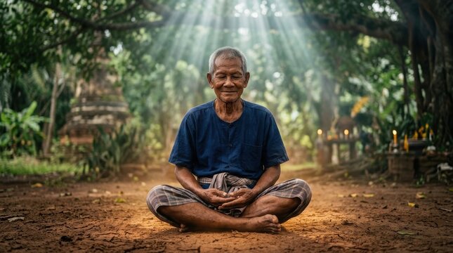 Calm Elderly Man Meditating in a Serene Outdoor Setting Surrounded by Nature and Light Beams