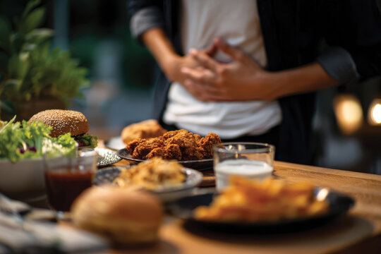 A person expresses discomfort while holding their stomach after indulging in a meal, representing the emotional and physical responses to overeating and dietary choices.