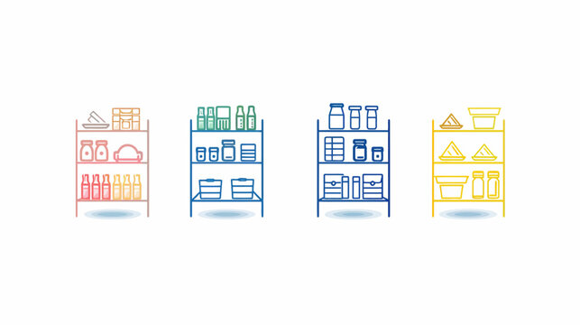 Four colorful shelves with various items, sketched in different hues, isolated on a white backdrop