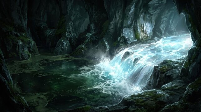 Serene Underground River Flowing Through Cavernous Rock Formation with Glowing Water and Lush Greenery Surroundings