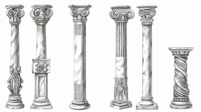 Group of stylized, sketched architectural columns with varying classical designs