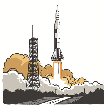 Rocket launching from a launchpad with smoke and flames