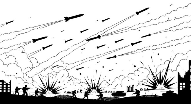 Silhouette of people running from missiles.
