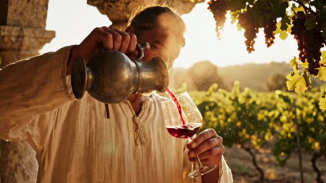 Winemaker pours wine from pitcher into glass at vineyard sunset. Man serves wine under arch with grapes. Winemaker pouring wine at sunset vineyard. Red wine service with pitcher and grapes.