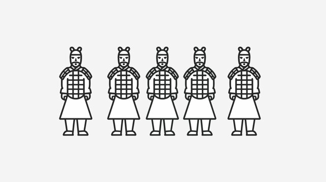 Five line-art stylized soldiers in patterned armor stand on a white background