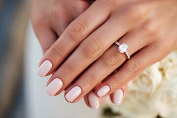 Fototapeta premium Close-up view of bridal hands showcasing a neat manicure and an engagement ring. The bride holds flowers as she prepares for her wedding ceremony. Natural light enhances the scene