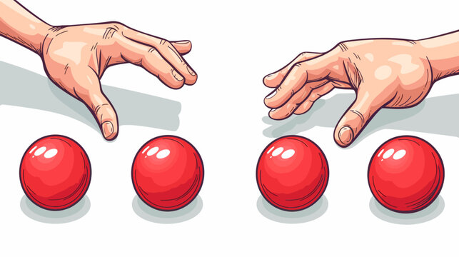 Two hands about to touch red spheres, artistically rendered with visible pixelation