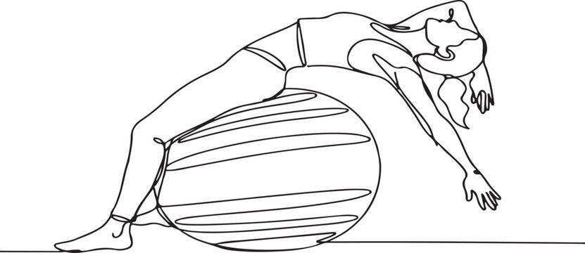 A continuous line drawing of a woman performing a backbend stretch exercise on a large yoga ball