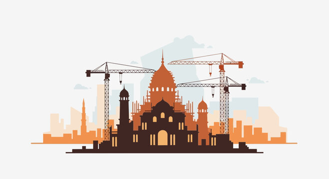 Construction of a Grand Building with Cranes and Cityscape.