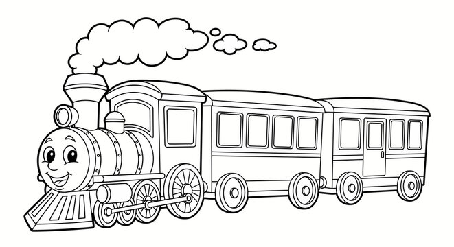 cartoon train with smiling face and steam on white background for kids coloring book