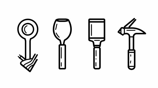 Line art icons of a reamer, wine glass, paint brush, and hammer on a white background