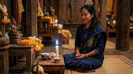 Obraz premium Serene Woman in Traditional Attire Meditates in Peaceful Setting with Candles and Flowers