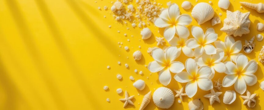 Bright yellow background with flowers and seashells arranged in a simple design