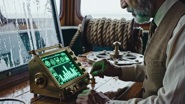 Captain navigates ship using radar screen showing map in wheelhouse. Navigator operates radar with chart on table. Captain monitors ship radar navigation. Rainy window with rope and radar screen.