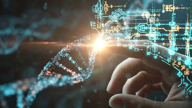 Digital Touch on Life's Code: A hand interacts with a luminous digital representation of a DNA strand, signifying the convergence of technology and life sciences. A vision of innovation, research.