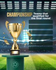 Professional championship sports template for announcing final round qualifying teams. The design features a realistic golden trophy on a podium against a blurred stadium background with bright floodl © MOHAMMEDNOOR